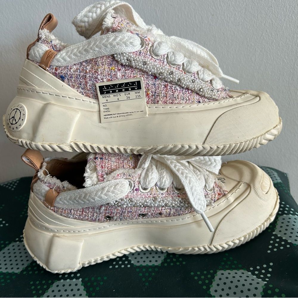 xVESSEL Marshmallow Lows in the Pink Tweed Sneakers with Faux Pearl details